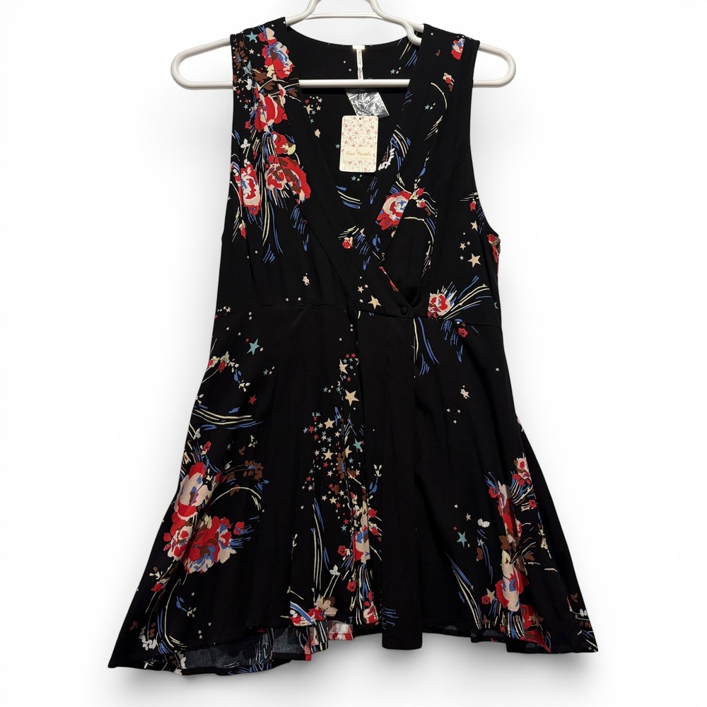 Free People Floral Black Back to the‎ Basics Sleeveless Wrap Tunic Top Women's L